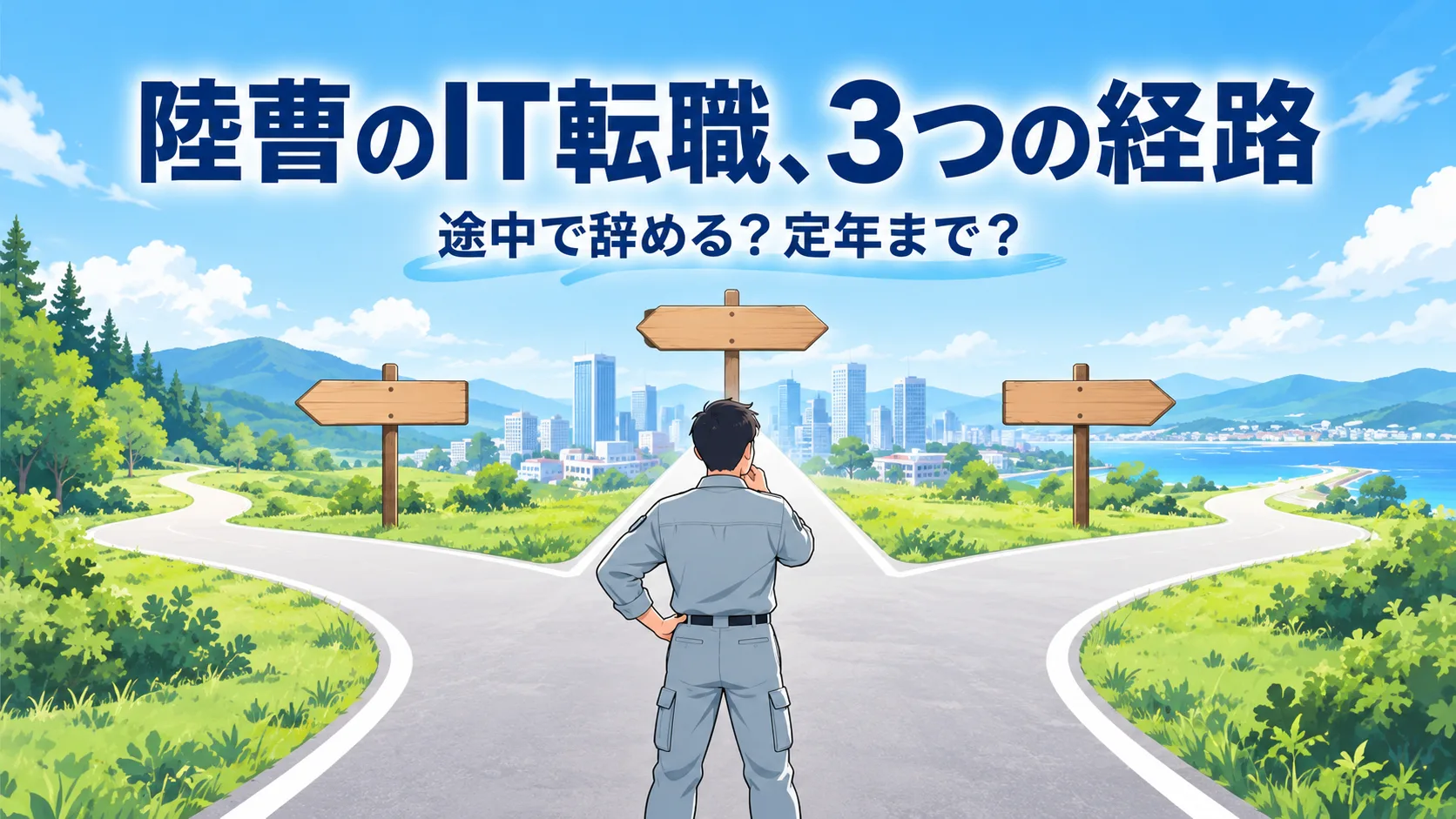 陸曹のIT転職の3つの経路を、分かれ道の前で見比べる人のイラスト